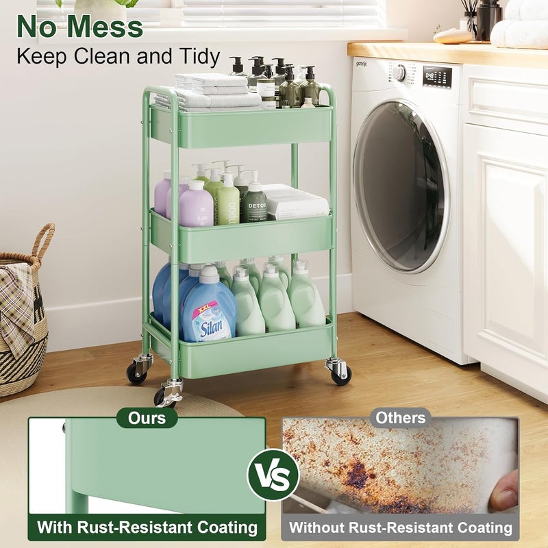 Aofure 3 Tier Rolling Storage Cart Metal with Wheels, Green Baby Diaper Caddy Carts, Three Tiered Craft Cart Organizer on Wheels, Utility Roller Trolley for Art, Book, Snack, Classroom,Laundry,Bathroom Shelf - Image 3