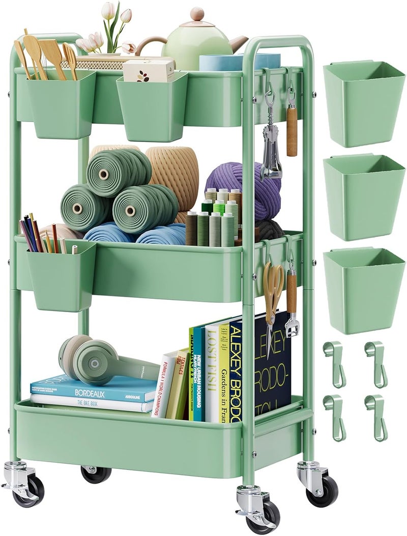Aofure 3 Tier Rolling Storage Cart Metal with Wheels, Green Baby Diaper Caddy Carts, Three Tiered Craft Cart Organizer on Wheels, Utility Roller Trolley for Art, Book, Snack, Classroom,Laundry,Bathroom Shelf - Image 1