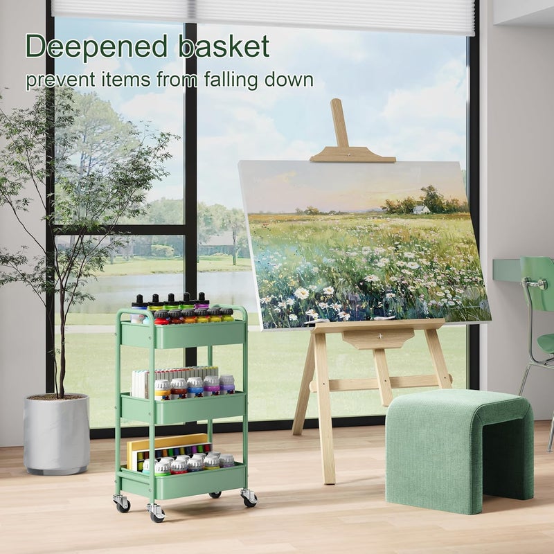 Aofure 3 Tier Rolling Storage Cart Metal with Wheels, Green Baby Diaper Caddy Carts, Three Tiered Craft Cart Organizer on Wheels, Utility Roller Trolley for Art, Book, Snack, Classroom,Laundry,Bathroom Shelf - Image 5