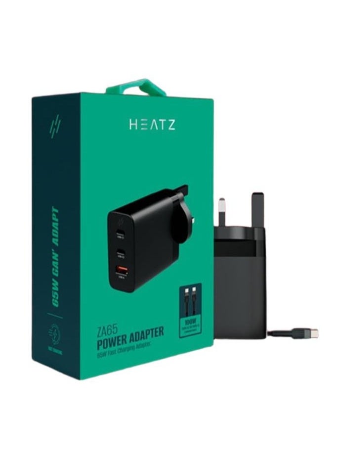 HEATZ Power Adapter, 65W Fast Charging, 2 USB-C Ports, 1 USB-A Port, 100W Type-C To Type-C Cable, Compatible For iphone, ipad, Macbook, Smartphones  - Image 1