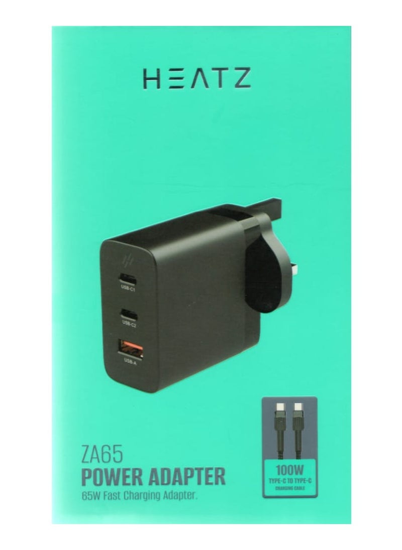 HEATZ Power Adapter, 65W Fast Charging, 2 USB-C Ports, 1 USB-A Port, 100W Type-C To Type-C Cable, Compatible For iphone, ipad, Macbook, Smartphones  - Image 5