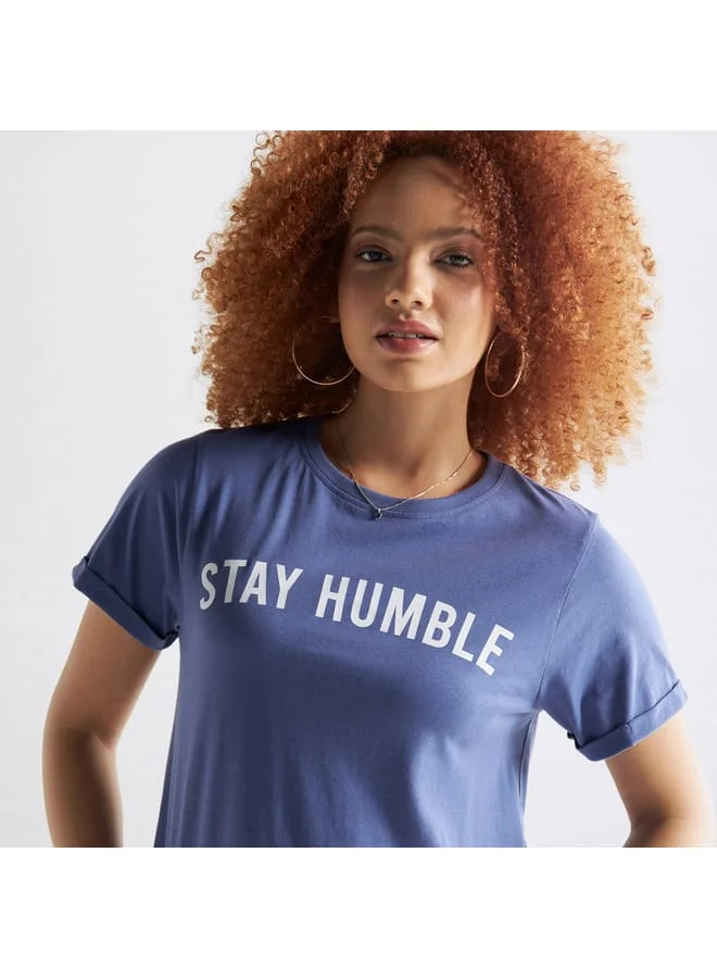 Splash FAV Typography Print T-shirt with Crew Neck and Short Sleeves