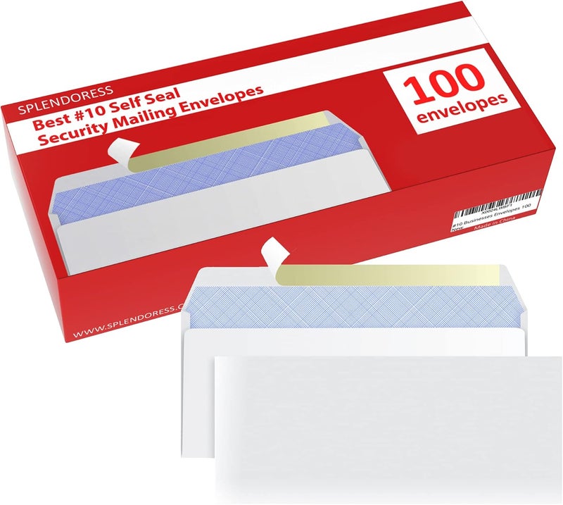 Splendoress #10 Envelopes Letter Size Self Seal | 100 Business Mailing Security Peel and Sealing Envelope | 100% Tinted | no 10 White Windowless Legal Regular Plain Envelops Pack | 4-1/8 x 9-1/2 Inches | 24 LB - Image 5