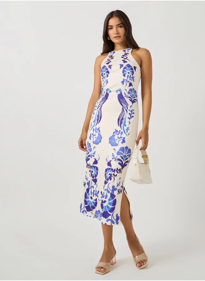 ستايلي All-Over Print Halter Neck Sheath Midi Dress