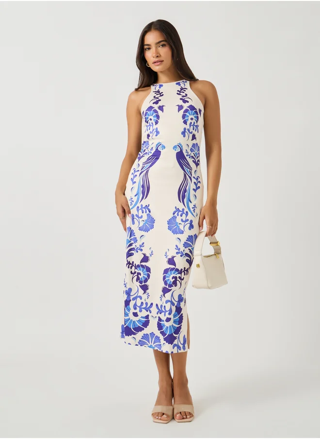 ستايلي All-Over Print Halter Neck Sheath Midi Dress
