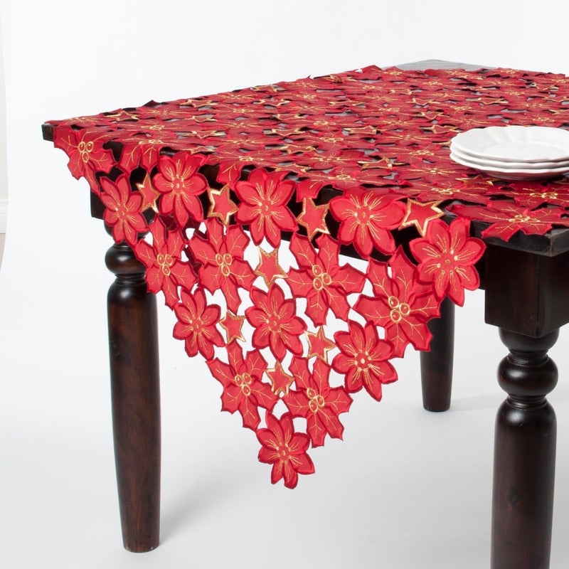 Fennco Styles Holiday Flor De Navidad Embroidered and Cutwork Poinsettia Tablecloth 36W x 36L  Burgundy Table Cover for Holiday Christmas Decor Dining Table Decor Banquets and Special Occasion