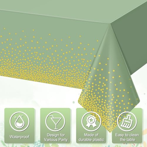 FunnyPars 3 Pack Sage Green and Gold Plastic Tablecloth, Green Disposable Table Cloth for Rectangle Tables, Gold Dot Light Green Tablecloth for Baby Shower Birthday Wedding Party Decorations, 54"x108" - Image 3