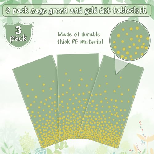 FunnyPars 3 Pack Sage Green and Gold Plastic Tablecloth, Green Disposable Table Cloth for Rectangle Tables, Gold Dot Light Green Tablecloth for Baby Shower Birthday Wedding Party Decorations, 54"x108" - Image 4