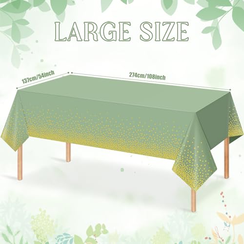 FunnyPars 3 Pack Sage Green and Gold Plastic Tablecloth, Green Disposable Table Cloth for Rectangle Tables, Gold Dot Light Green Tablecloth for Baby Shower Birthday Wedding Party Decorations, 54"x108" - Image 2