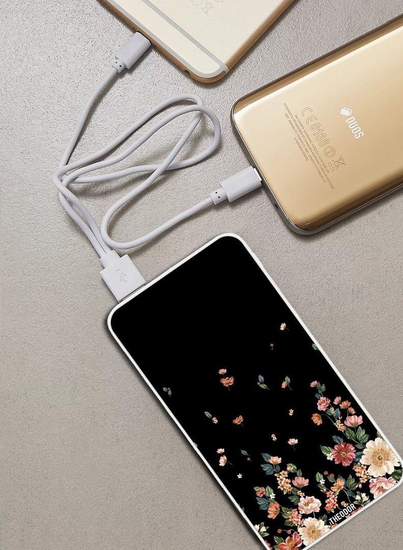 Theodor 10,000 mAh Super Fast Charging Ultra Compact Power Bank with Quick Charge & Power Delivery, Portable Charger For iPhone and Android Flowers in Black Background - Image 2