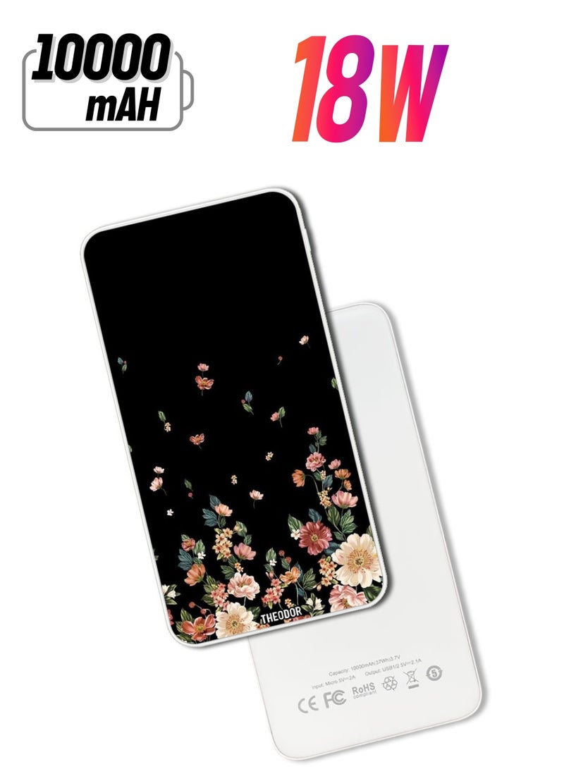 Theodor 10,000 mAh Super Fast Charging Ultra Compact Power Bank with Quick Charge & Power Delivery, Portable Charger For iPhone and Android Flowers in Black Background - Image 1
