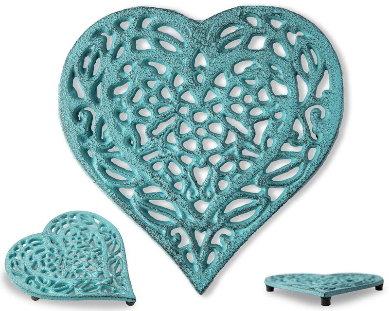 Cast Iron Heart Trivet  Decorative Cast Iron Trivet for Kitchen Countertop Or Dining Table  Vintage Design  675X65  with Rubber PegsFeet  Recycled Metal  Blue Color