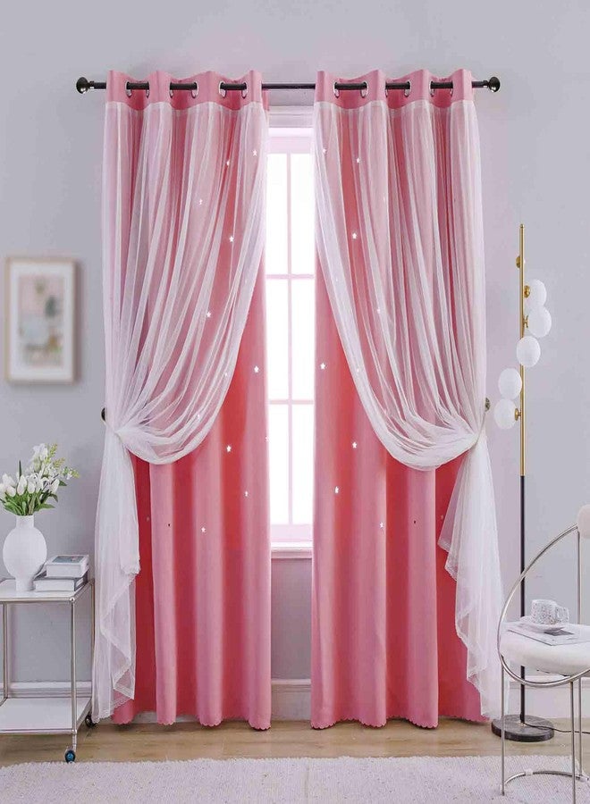 Anytime Star Cut-Out Blackout Curtains for Bedroom 2 Panels,2-Layers Mix Design of Fabric & Tulle,Pretty Pure Color Window Curtain for Kids Room(W52 x L84,Pink) - Image 1