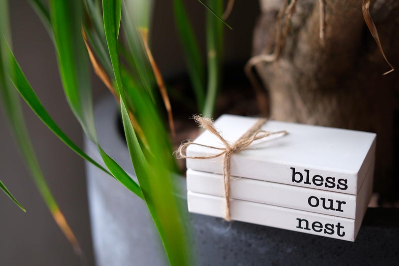 RUKEJUNE Mini White Decorative Books for Tiered Tray Decor, Faux Books for Coffee Table Decoration, Farmhouse Wood Book Stack Shelf Decor - Bless Our Nest Sign - Image 3