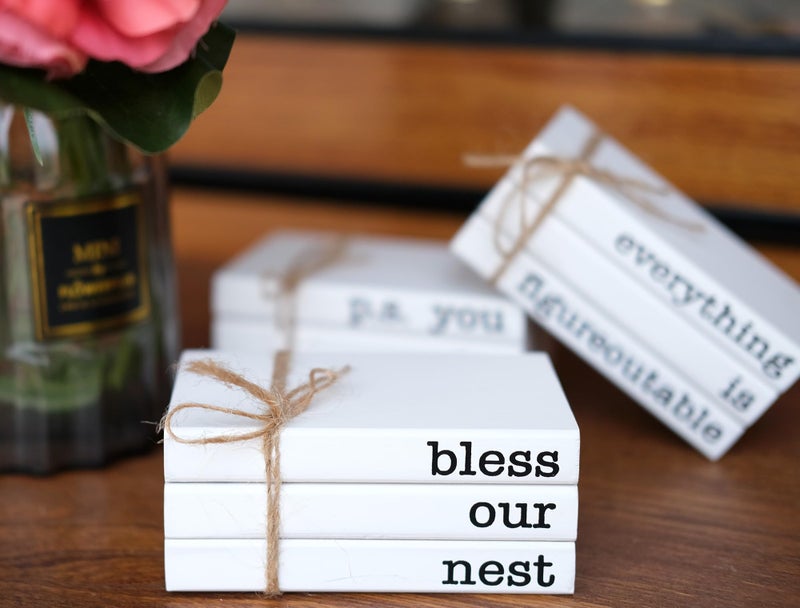 RUKEJUNE Mini White Decorative Books for Tiered Tray Decor, Faux Books for Coffee Table Decoration, Farmhouse Wood Book Stack Shelf Decor - Bless Our Nest Sign - Image 4