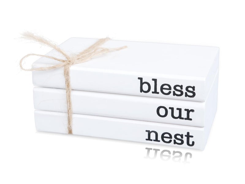 RUKEJUNE Mini White Decorative Books for Tiered Tray Decor, Faux Books for Coffee Table Decoration, Farmhouse Wood Book Stack Shelf Decor - Bless Our Nest Sign - Image 1