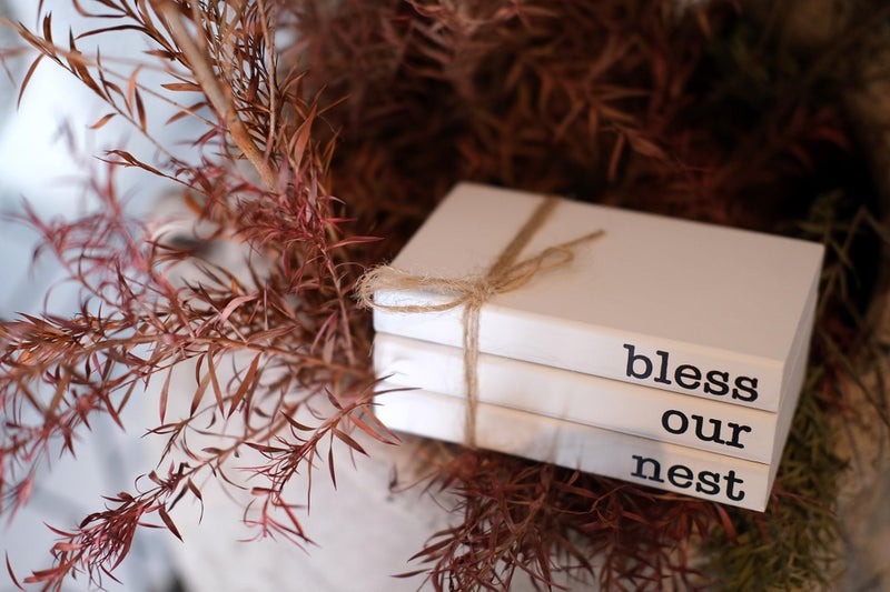 RUKEJUNE Mini White Decorative Books for Tiered Tray Decor, Faux Books for Coffee Table Decoration, Farmhouse Wood Book Stack Shelf Decor - Bless Our Nest Sign - Image 5