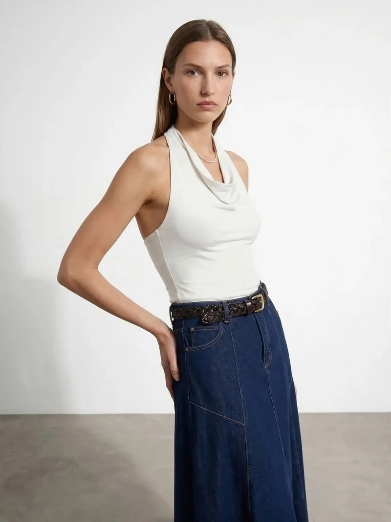 ديلفين Dilvin Sleeveless Cowl Neck Tie Blouse