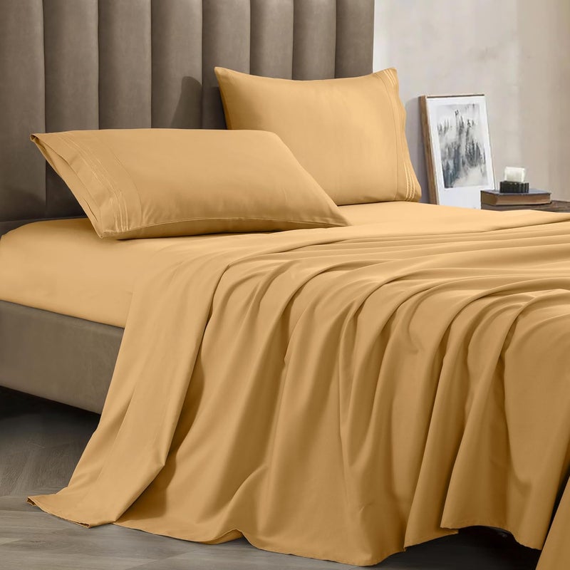 CELINE LINEN Premium 1800 Hotel Quality WrinkleResistant 4Piece Microfiber Sheet Set Luxury Ultra Soft and Breathable Bedding 16 Inch Deep Pocket 4PC Sheet Set Queen Gold
