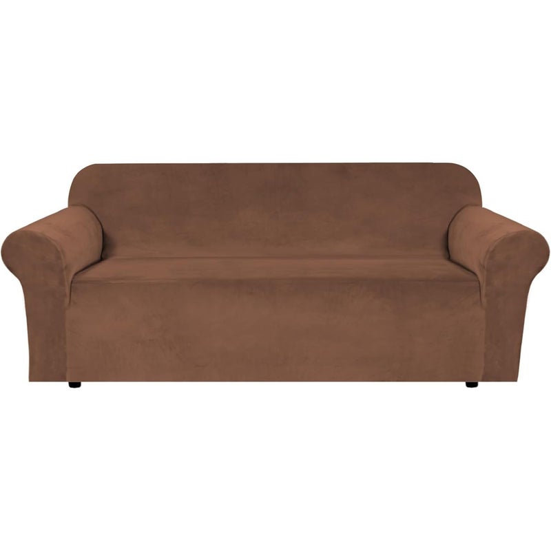 H.VERSAILTEX Stretch Velvet Sofa Covers for 3 Cushion Couch Covers Furniture Protector Soft with Non Slip Elastic Bottom  Crafted from Thick Comfy Rich Velour (Large Sofa 90""-97""  Caramel) - Image 1