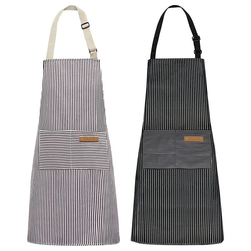 NLUS 2 Pack Kitchen Cooking Aprons Adjustable Bib Soft Chef Apron with 2 Pockets for Men Women BrownDark Black Strips