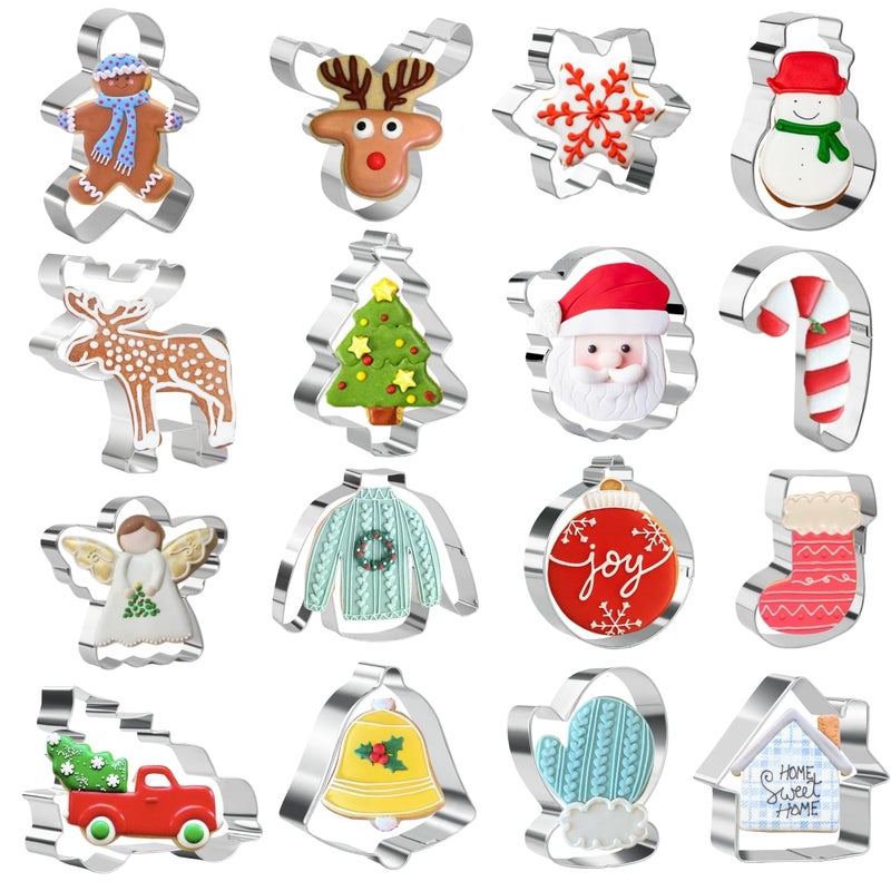 KAISHANE مجموعة قواطع بسكويت عيد الميلاد من 16 قطعة من الفولاذ المقاوم للصدأ - قواطع بسكويت على شكل رجل الثلج، رجل الزنجبيل، رقاقات الثلج، شجرة عيد الميلاد، والمزيد من الأشكال للخبز في عيد الميلاد