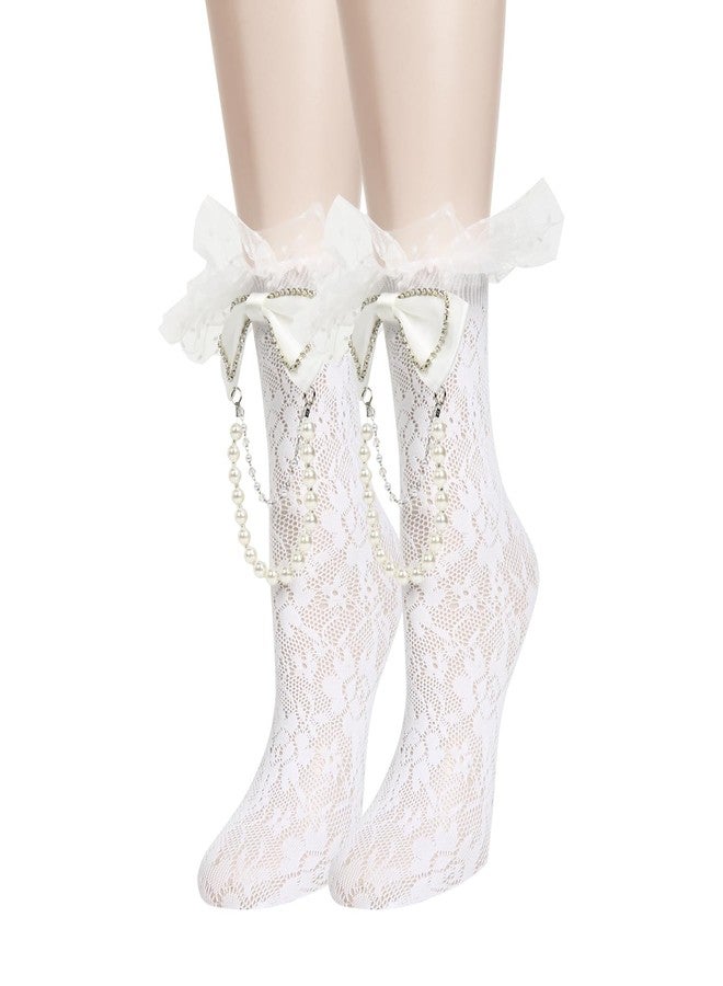 Violet Mist Womens Fishnet Socks Bow Lace Anklet Socks Girls Fancy Cute Lolita Novelty Glitter Bow Sock with Pearls Sparkly Decorated Hallow Out Shiny Rhinestone White Lace Sock Party - Image 5