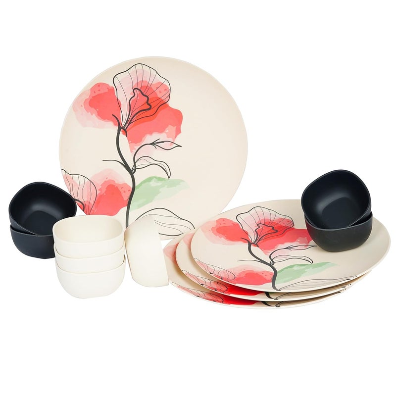 Earthism EcoFriendly Bamboo Fibre Dinner Plates 11 and Bowls 35 Pack of 12 Bloom Beige Coral - Image 1