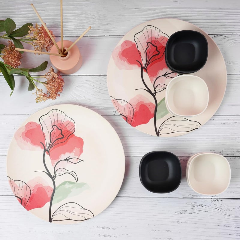 Earthism EcoFriendly Bamboo Fibre Dinner Plates 11 and Bowls 35 Pack of 12 Bloom Beige Coral - Image 2