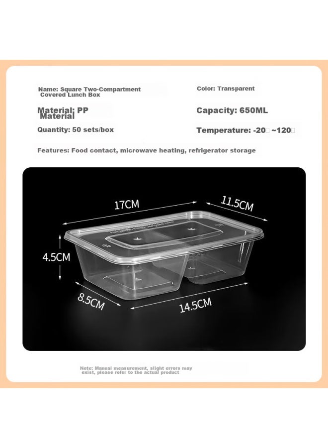 Temeiju Disposable Transparent Plastic Two-compartment Lunch Boxes With Lids, Thick Takeout Containers, 50 Sets, 650 Model, Microwave Safe - Image 2