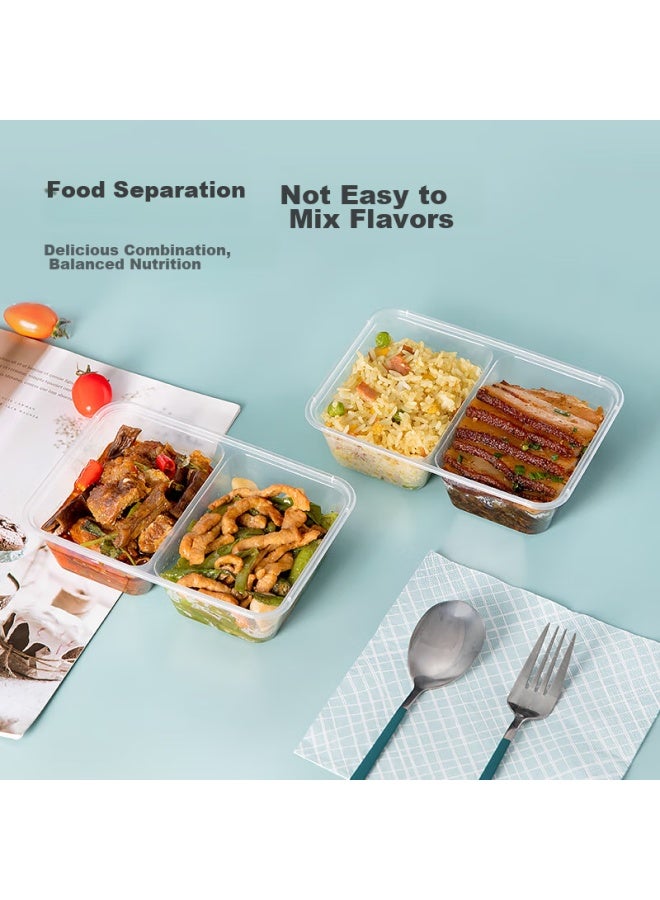 Temeiju Disposable Transparent Plastic Two-compartment Lunch Boxes With Lids, Thick Takeout Containers, 50 Sets, 650 Model, Microwave Safe - Image 1