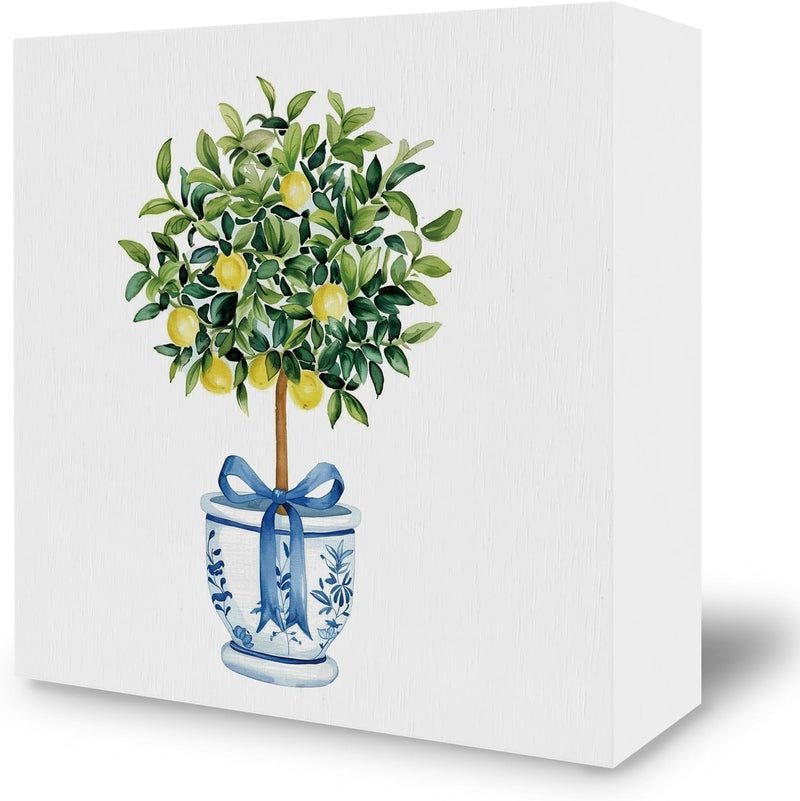 BCUANGD Chinoiserie Desk Decor Decorations  Lemon Tree Preppy Wooden Box Sign Blue and White Coquette Trendy Wood Block Plaque Box Sign for Grand Millenial Home Decoration 5x5 Inches - Image 1