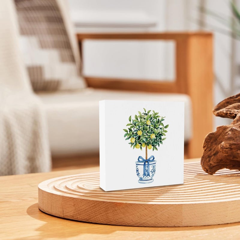 BCUANGD Chinoiserie Desk Decor Decorations  Lemon Tree Preppy Wooden Box Sign Blue and White Coquette Trendy Wood Block Plaque Box Sign for Grand Millenial Home Decoration 5x5 Inches - Image 4