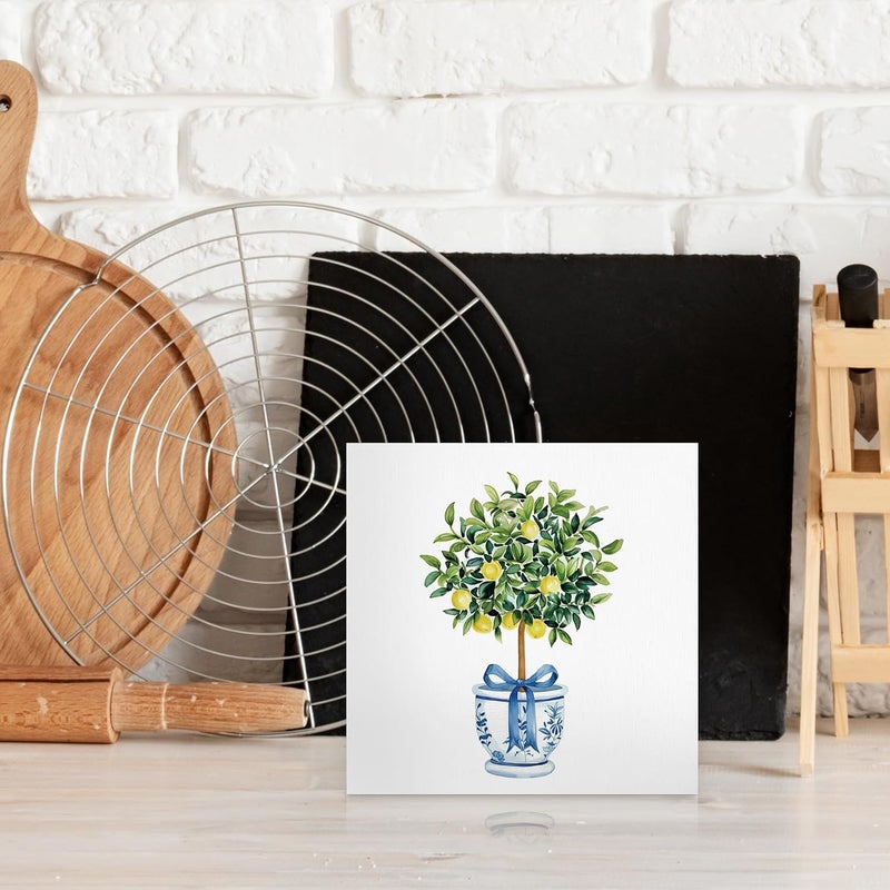 BCUANGD Chinoiserie Desk Decor Decorations  Lemon Tree Preppy Wooden Box Sign Blue and White Coquette Trendy Wood Block Plaque Box Sign for Grand Millenial Home Decoration 5x5 Inches - Image 3