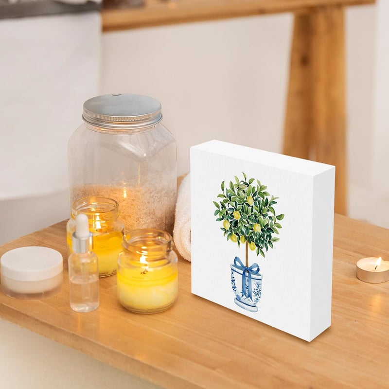 BCUANGD Chinoiserie Desk Decor Decorations  Lemon Tree Preppy Wooden Box Sign Blue and White Coquette Trendy Wood Block Plaque Box Sign for Grand Millenial Home Decoration 5x5 Inches - Image 2