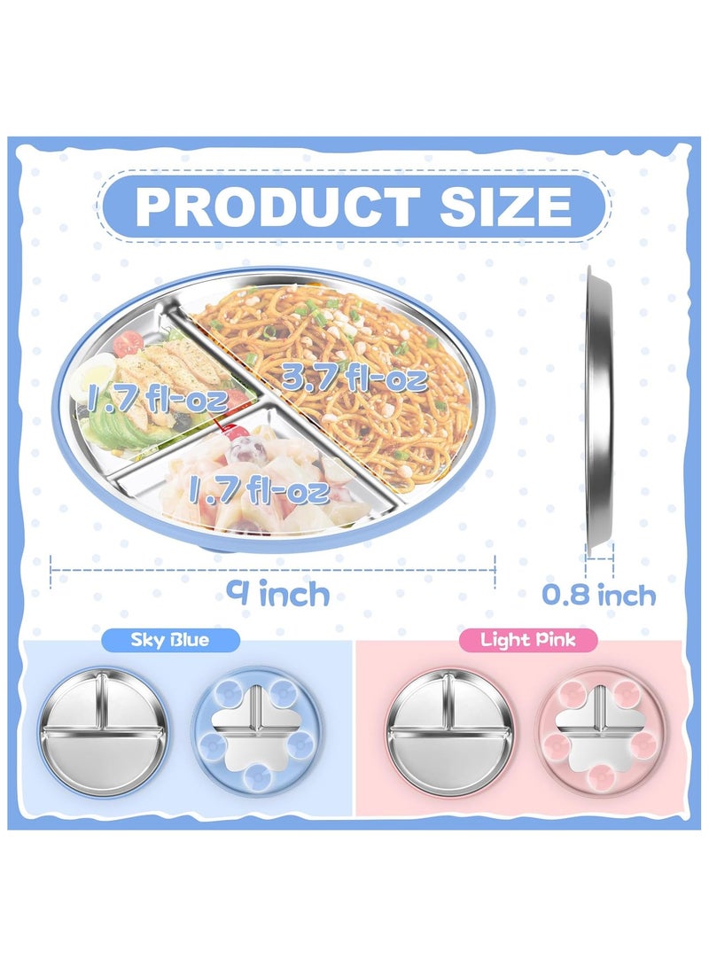 NNEWVANTE أطباق أطفال من الفولاذ المقاوم للصدأ (عبوة 2) أطباق مقسمة بقطر 9 بوصات مع أكمام سيليكون قابلة للإزالة و5 أكواب شفط لتغذية الأطفال الذاتية | وقت تناول الطعام بدون فوضى | آمنة للغسالة الصحون - Image 2
