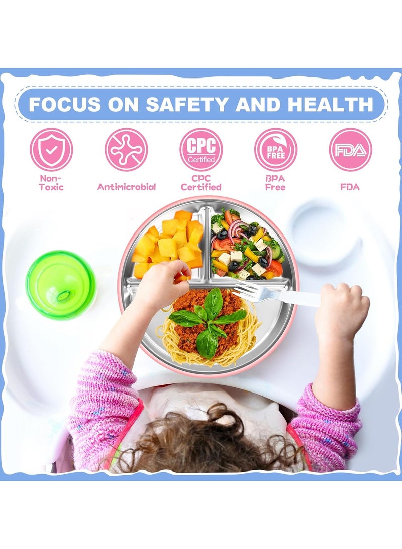 NNEWVANTE أطباق أطفال من الفولاذ المقاوم للصدأ (عبوة 2) أطباق مقسمة بقطر 9 بوصات مع أكمام سيليكون قابلة للإزالة و5 أكواب شفط لتغذية الأطفال الذاتية | وقت تناول الطعام بدون فوضى | آمنة للغسالة الصحون - Image 5