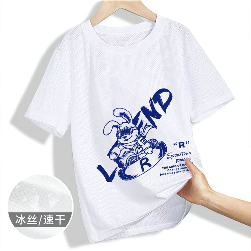 Boys Summer Ice Silk Mesh Thin Handsome Top Children'S Arrival Boys Cartoon All-Match Quick-Dry Short Sleeve - Image 1