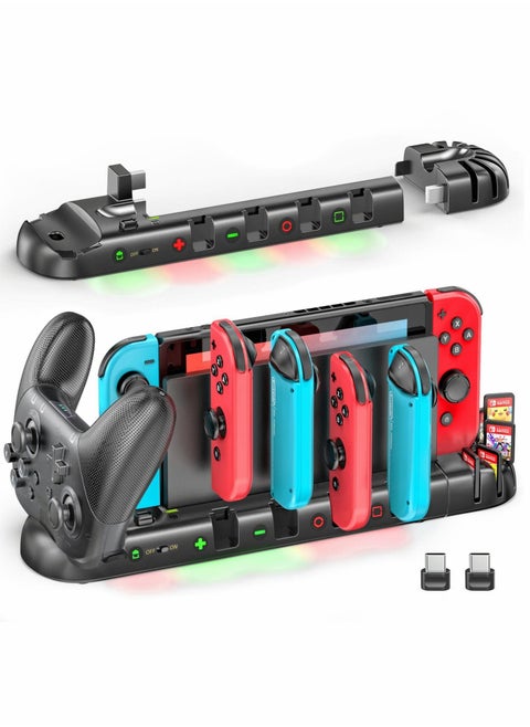 Controller Charger for Switch Original and for OLED Model, Charging Dock Station for Switch Joy-con and for Pro Controller, Charger Dock Stand with 4 Charging Slots and Detachable 8 Game Slots