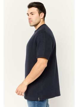 Threadbare Men Ribbed Neck Short Sleeves Herringbone T-Shirt, Navy  - Image 3