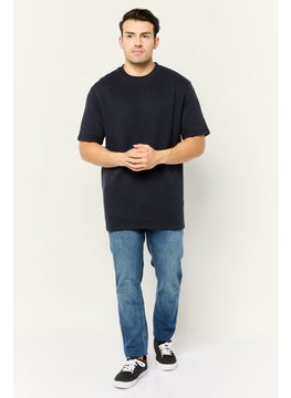 Threadbare Men Ribbed Neck Short Sleeves Herringbone T-Shirt, Navy  - Image 2