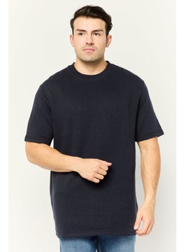 Threadbare Men Ribbed Neck Short Sleeves Herringbone T-Shirt, Navy  - Image 1