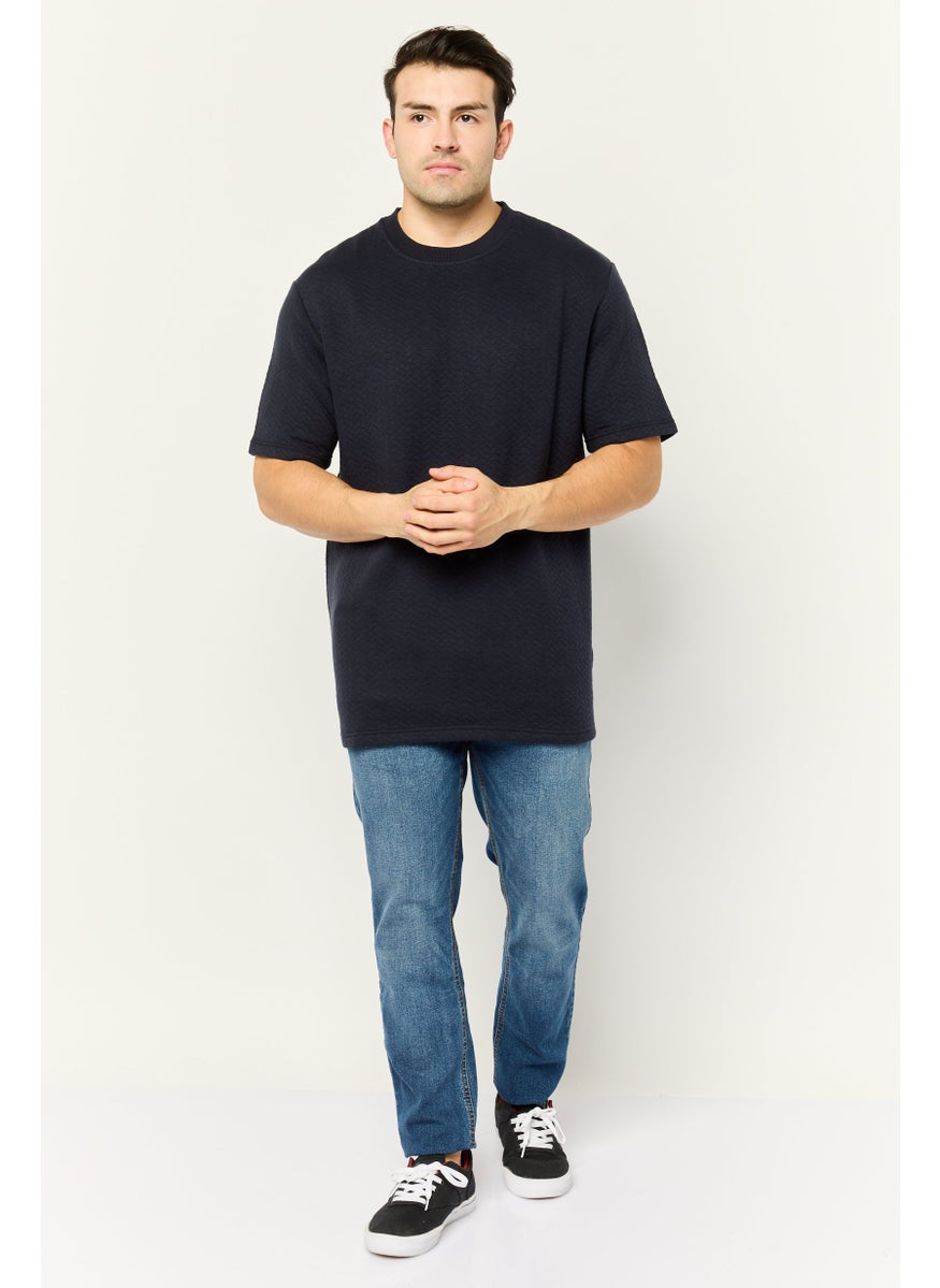Threadbare Men Ribbed Neck Short Sleeves Herringbone T-Shirt, Navy  - Image 2