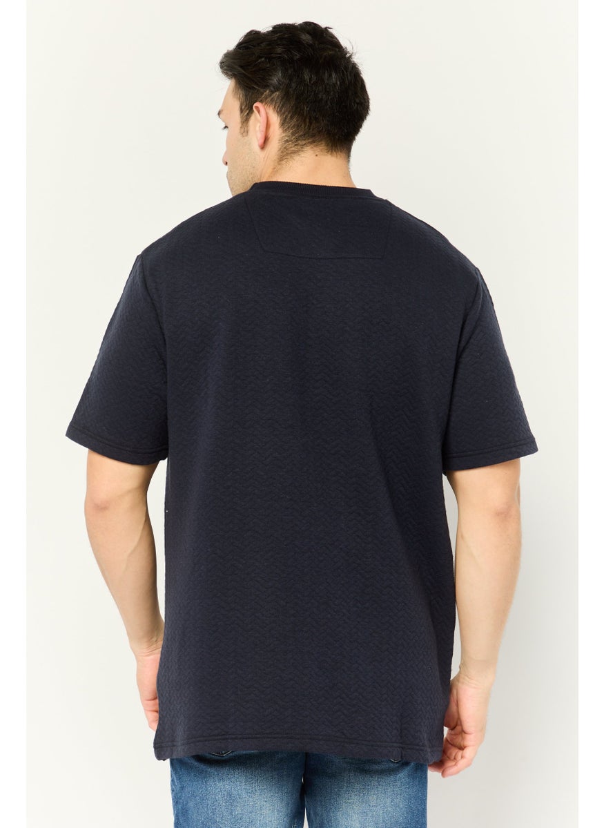 Threadbare Men Ribbed Neck Short Sleeves Herringbone T-Shirt, Navy  - Image 4