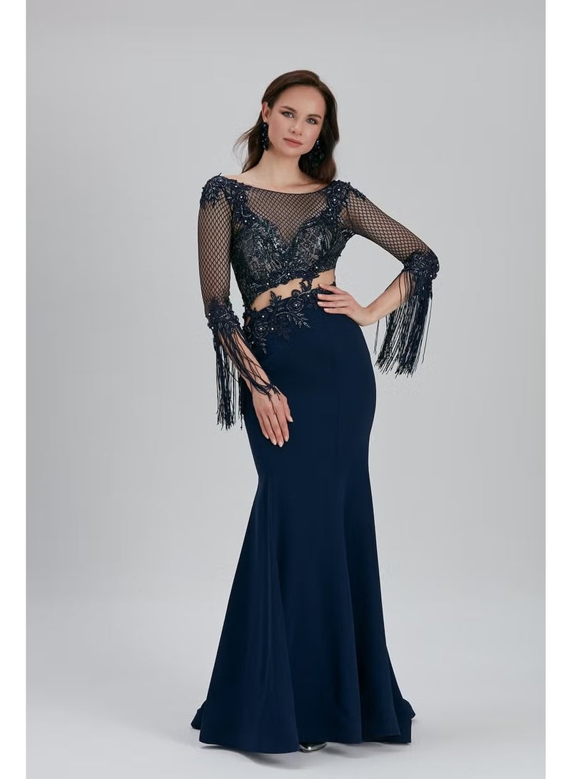Neva Style Evening Dress Beaded Embroidered Navy Blue Evening Dress 75501L - Image 1