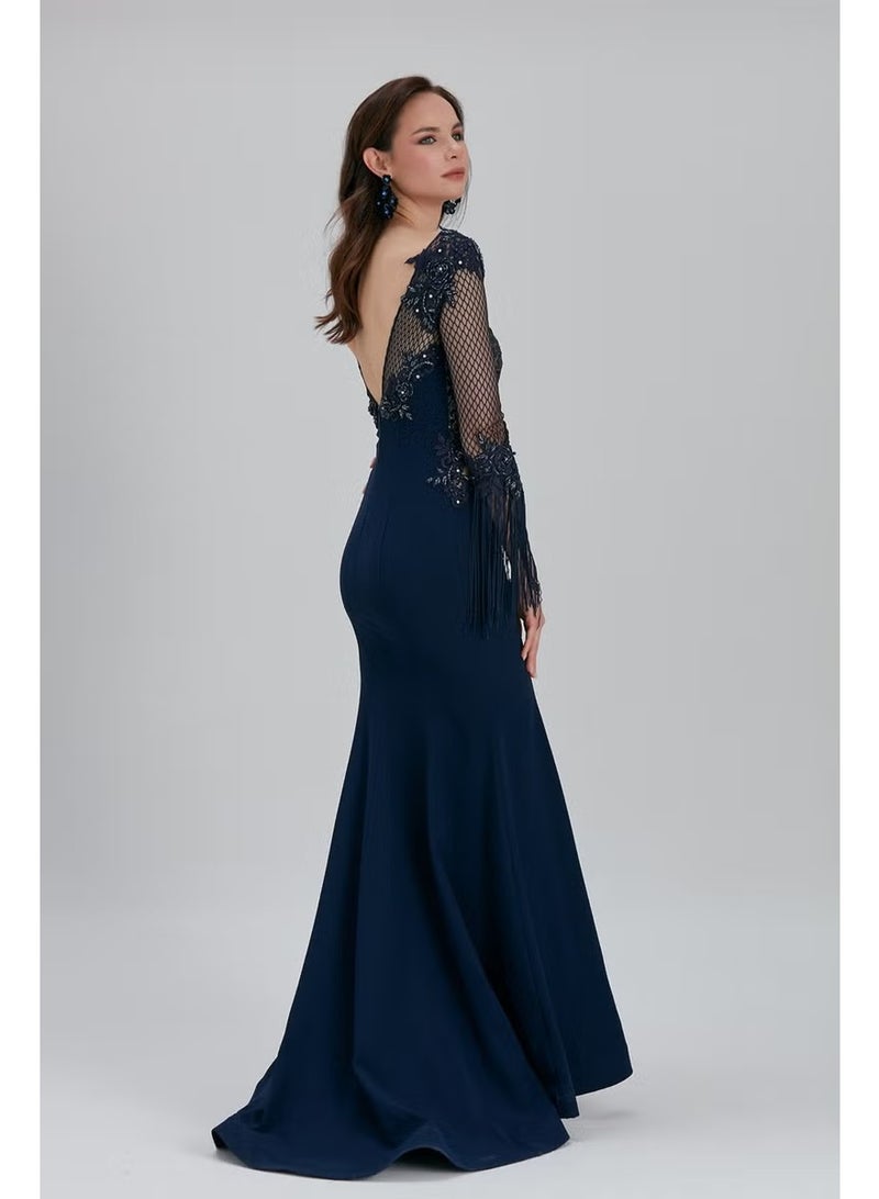 Neva Style Evening Dress Beaded Embroidered Navy Blue Evening Dress 75501L - Image 4