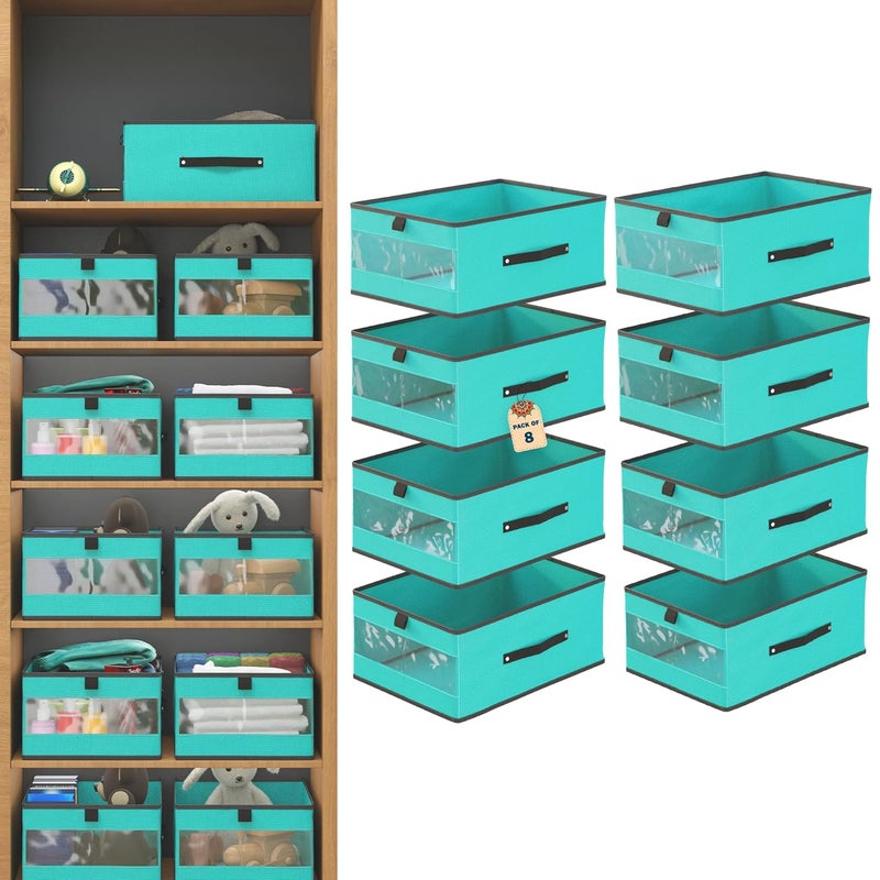 Kuber Industries Pack of 8 Storage Box Wardrobe Organizer Closet Drawer Organizer for Saree Shirts Blankets Books Foldable Storage Organizer with Transparent Window Reliance Green - Image 1