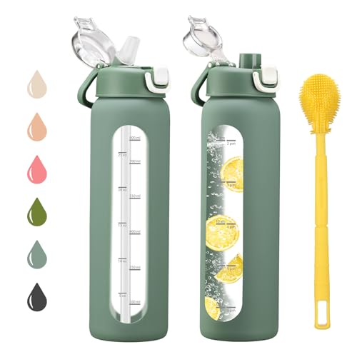chunmo 32 oz Glass Water Bottles with 2 Lids-Handle Spout Lid & Straw Lid, 1 Liter Motivational Borosilicate Water Bottle with Time Marker and Silicone Sleeve,Leakproof-Olive-1 Pack - Image 1