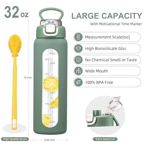 chunmo 32 oz Glass Water Bottles with 2 Lids-Handle Spout Lid & Straw Lid, 1 Liter Motivational Borosilicate Water Bottle with Time Marker and Silicone Sleeve,Leakproof-Olive-1 Pack - Image 4