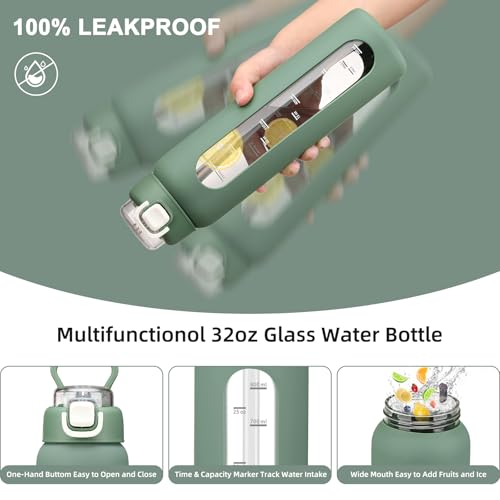 chunmo 32 oz Glass Water Bottles with 2 Lids-Handle Spout Lid & Straw Lid, 1 Liter Motivational Borosilicate Water Bottle with Time Marker and Silicone Sleeve,Leakproof-Olive-1 Pack - Image 3